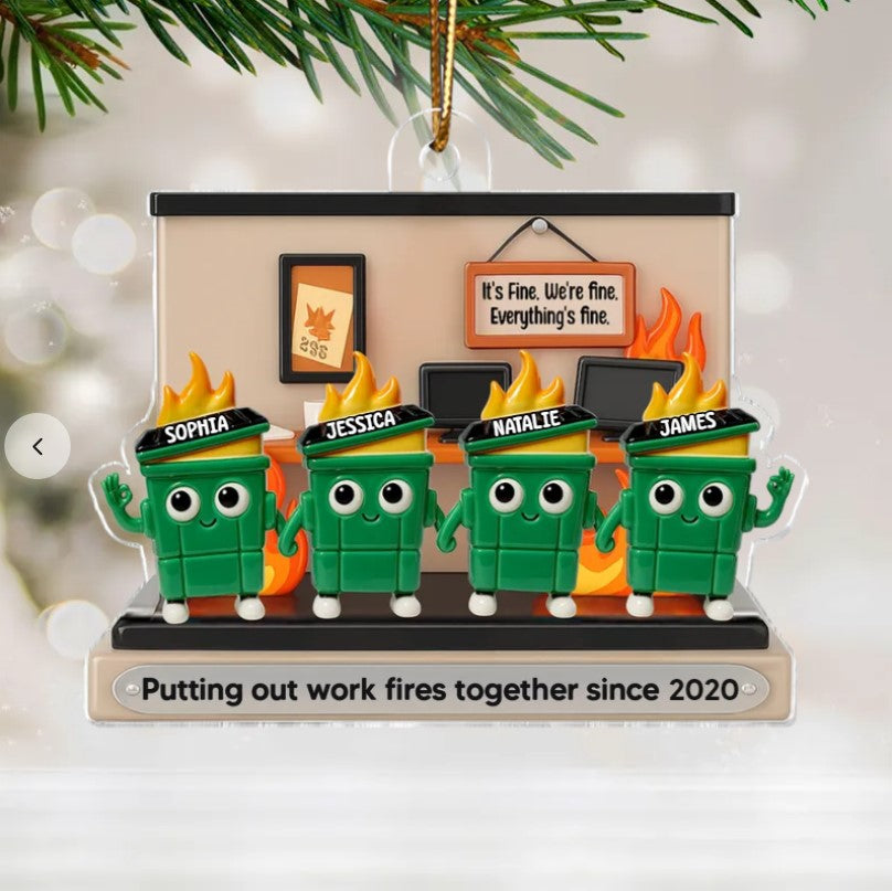 3D Effect Dumpster Fires In Office Scene - Personalized Acrylic Ornament - Funny Gift For Colleagues, Work Besties