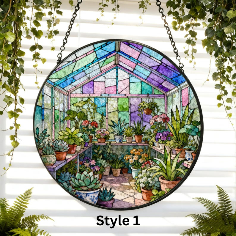 Suncatcher Stained Glass Greenhouse Garden Suncatcher Window Hanging Plant Lover Gift Ornament Mom Gift
