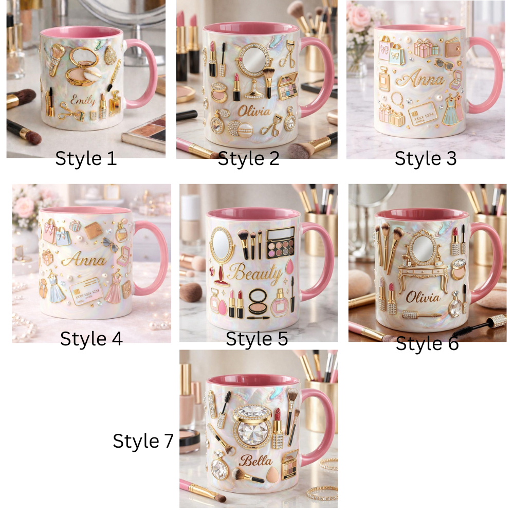 Personalized Makeup Lover Mug, Custom Name Beauty Coffee Cup, Luxury Gold Cosmetics Mug, Glam Feminine Mug Gift for Her