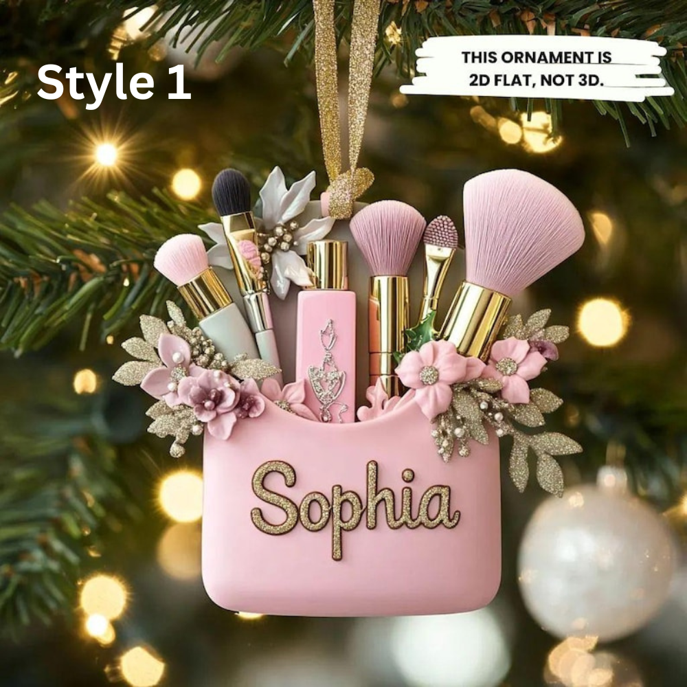 Personalized Makeup Christmas Ornament - Custom Beauty Brush Tree Decor With Name - Gift For Makeup Lovers