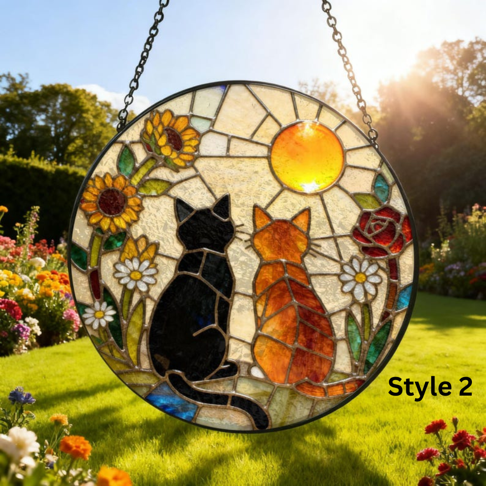 Charming Black Orange Cat Couple Garden Suncatcher Stained Glass Window Hanging Glass Ornament Mom Gift