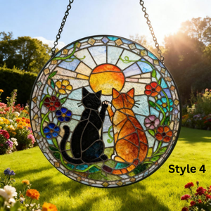 Charming Black Orange Cat Couple Garden Suncatcher Stained Glass Window Hanging Glass Ornament Mom Gift