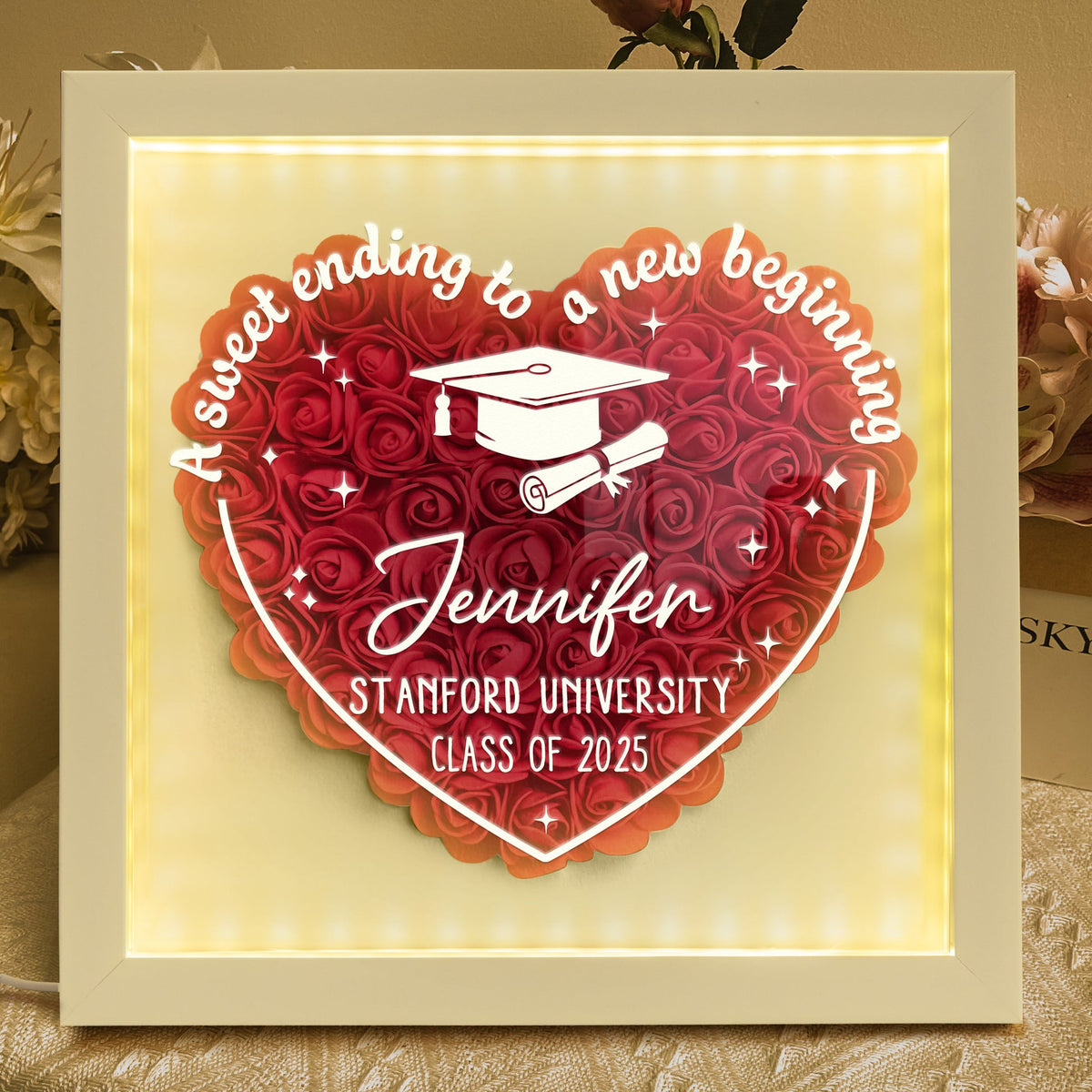 Sweet Ending To New Beginning - Personalized Flower Shadow Box With LED Light Graduation Gift 2025