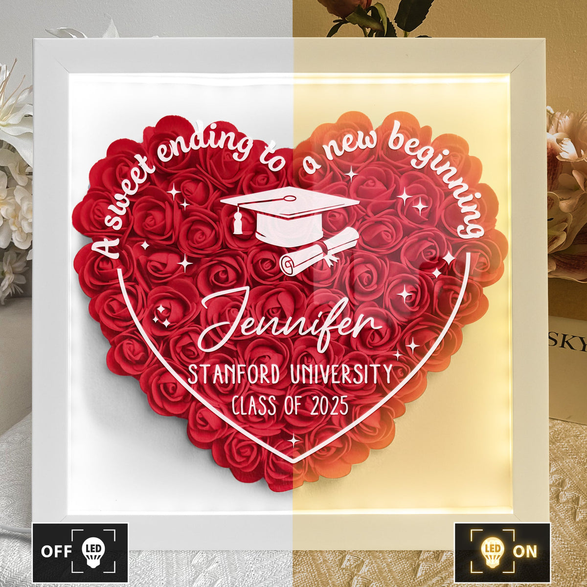 Sweet Ending To New Beginning - Personalized Flower Shadow Box With LED Light Graduation Gift 2025