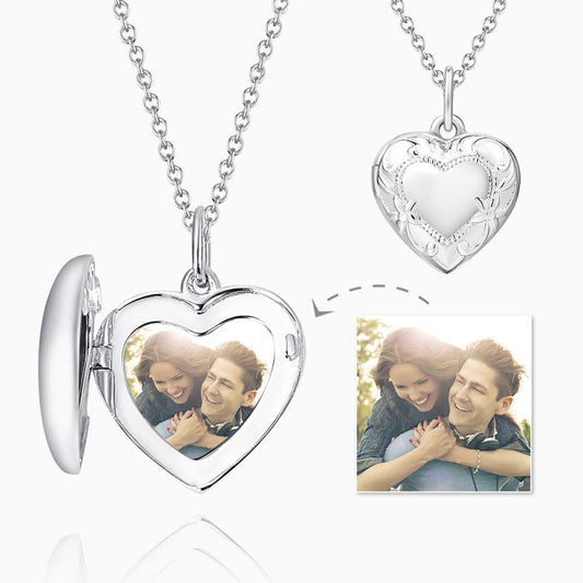 Embossed Heart Photo Locket Necklace with Engraving Platinum Plated Wedding Gift Couple Gift Valentine Day Gift For Girlfriend, Wife Fiancee