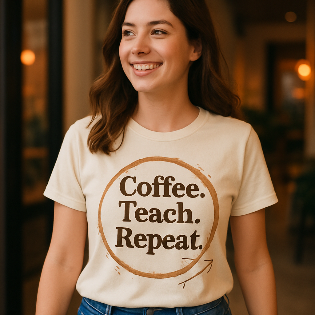 Coffee Teach Repeat Teacher Life T-Shirt – Funny Coffee Stain Graphic Tee, Gift for Teachers, Educator Appreciation Shirt Teacher%20Life%20prompt%2015%20lifestyle%20mockup.png