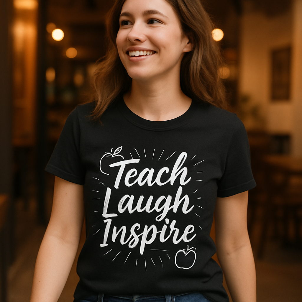 Teach Laugh Inspire Teacher Shirt – Cute Chalkboard Apple Design Gift Tee for Educators, Back to School, Teacher Life Apparel Teacher%20Life%20prompt%201%20lifestyle%20mockup.png