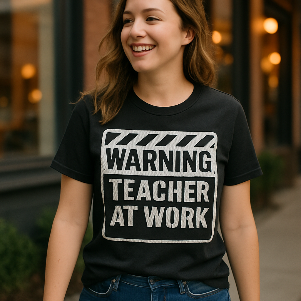 Warning Teacher at Work T-Shirt – Funny Teacher Life Gift, Bold Sign Style Tee for Educators, Back to School Classroom Shirt Teacher%20Life%20prompt%2024%20lifestyle%20mockup.png