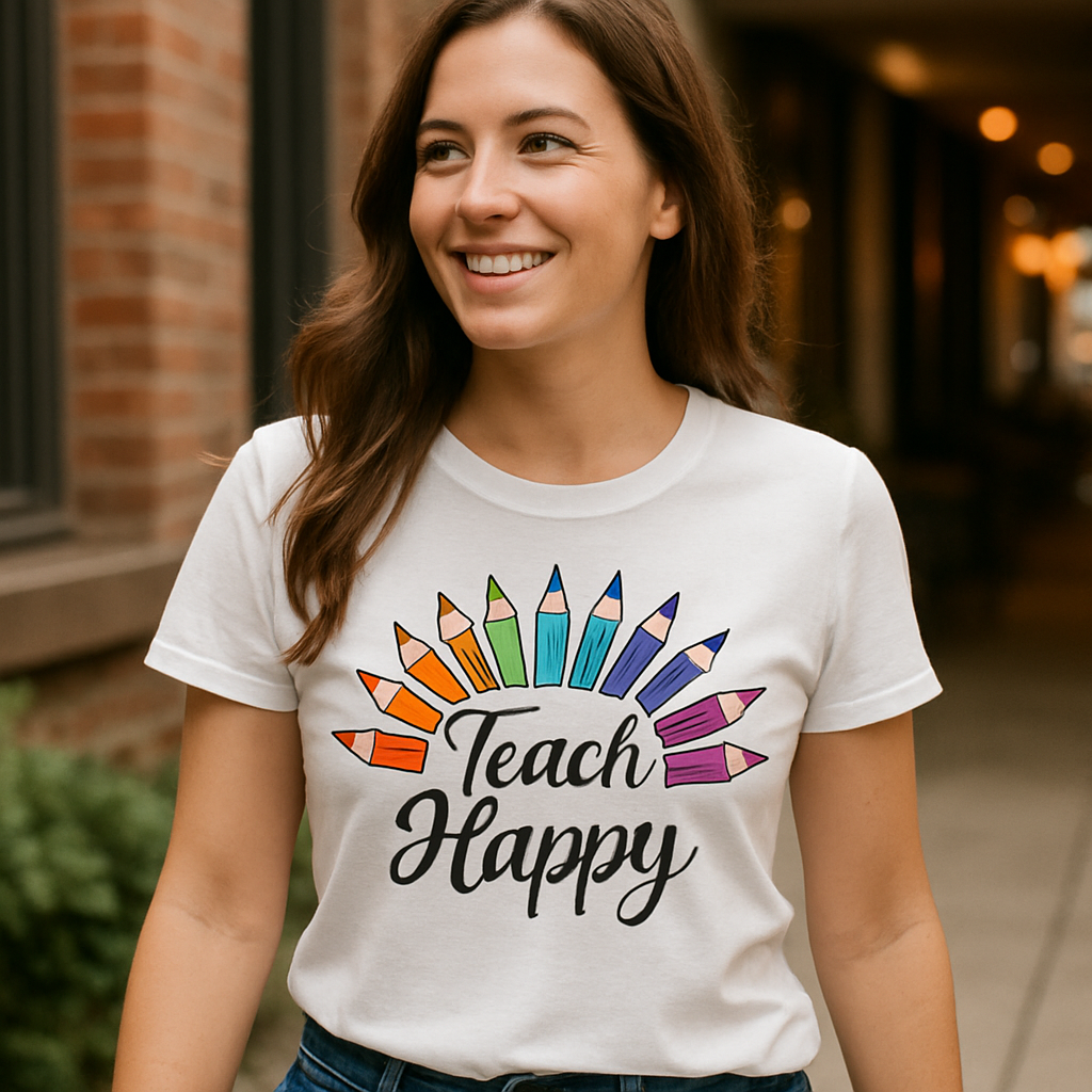 Teach Happy T-Shirt – Cute Rainbow Pencil Graphic Tee for Teachers, Back to School Teacher Life Shirt, Gift for Educators Teacher%20Life%20prompt%2025%20lifestyle%20mockup.png