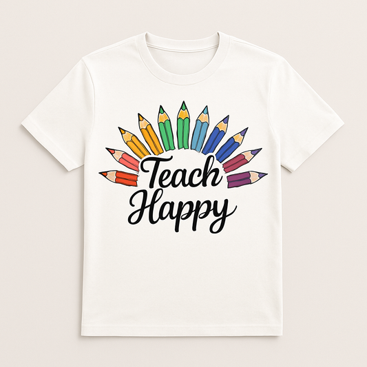 Teach Happy T-Shirt – Cute Rainbow Pencil Graphic Tee for Teachers, Back to School Teacher Life Shirt, Gift for Educators Teacher%20Life%20prompt%2025%20studio%20mockup.png