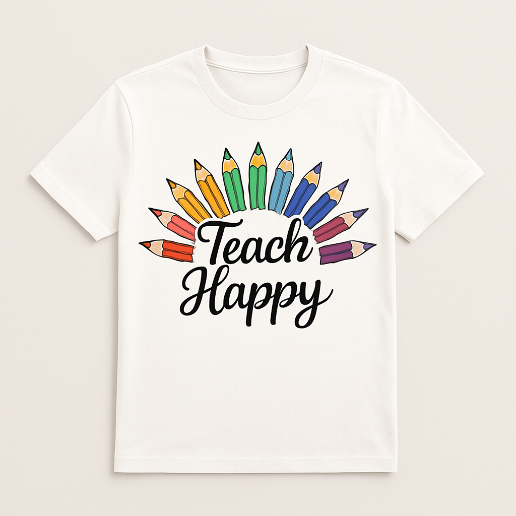 Teach Happy T-Shirt – Cute Rainbow Pencil Graphic Tee for Teachers, Back to School Teacher Life Shirt, Gift for Educators Teacher%20Life%20prompt%2025%20studio%20mockup.png
