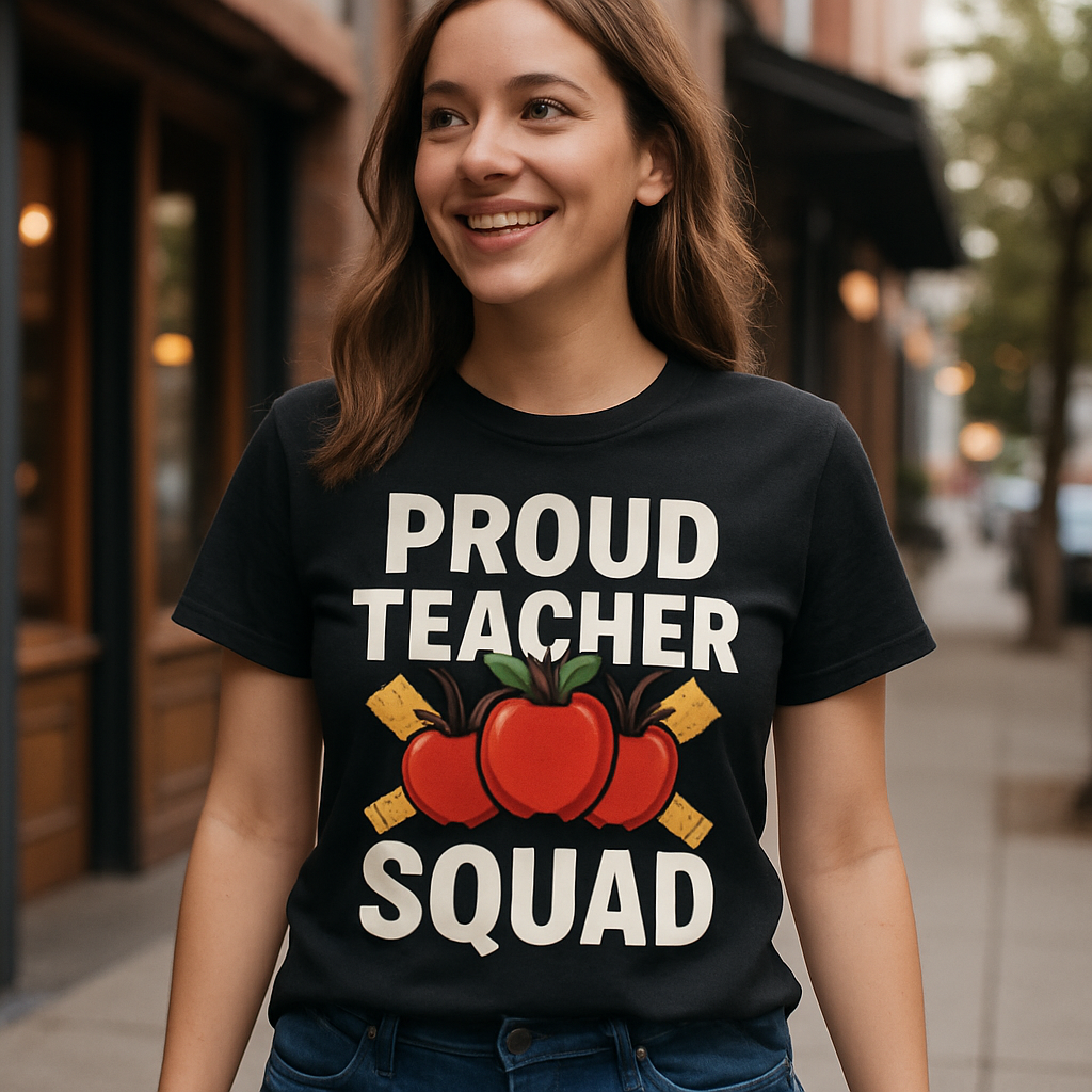 Proud Teacher Squad T-Shirt – Cute Apples & Rulers Design, Teacher Gift, Back to School Shirt, Teacher Life Classroom Tee Teacher%20Life%20prompt%2040%20lifestyle%20mockup.png