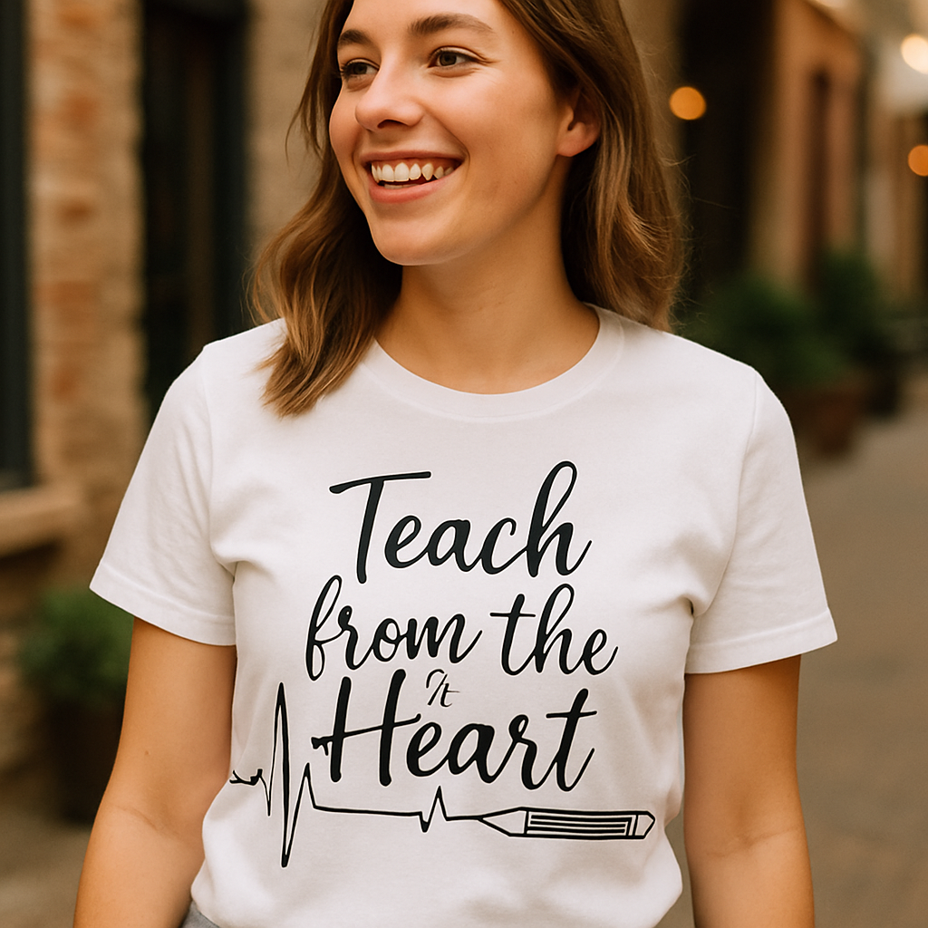 Teach from the Heart Teacher Shirt – Cute Heartbeat Pencil Graphic, Inspirational Gift for Educators, Teacher Appreciation Tee Teacher%20Life%20prompt%2045%20lifestyle%20mockup.png