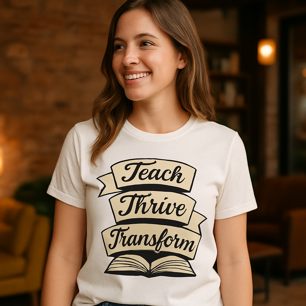 Teach Thrive Transform Teacher Life T-Shirt – Inspirational Book Banner Design, Gift for Educators, Motivational Teaching Shirt Teacher%20Life%20prompt%2048%20lifestyle%20mockup.png