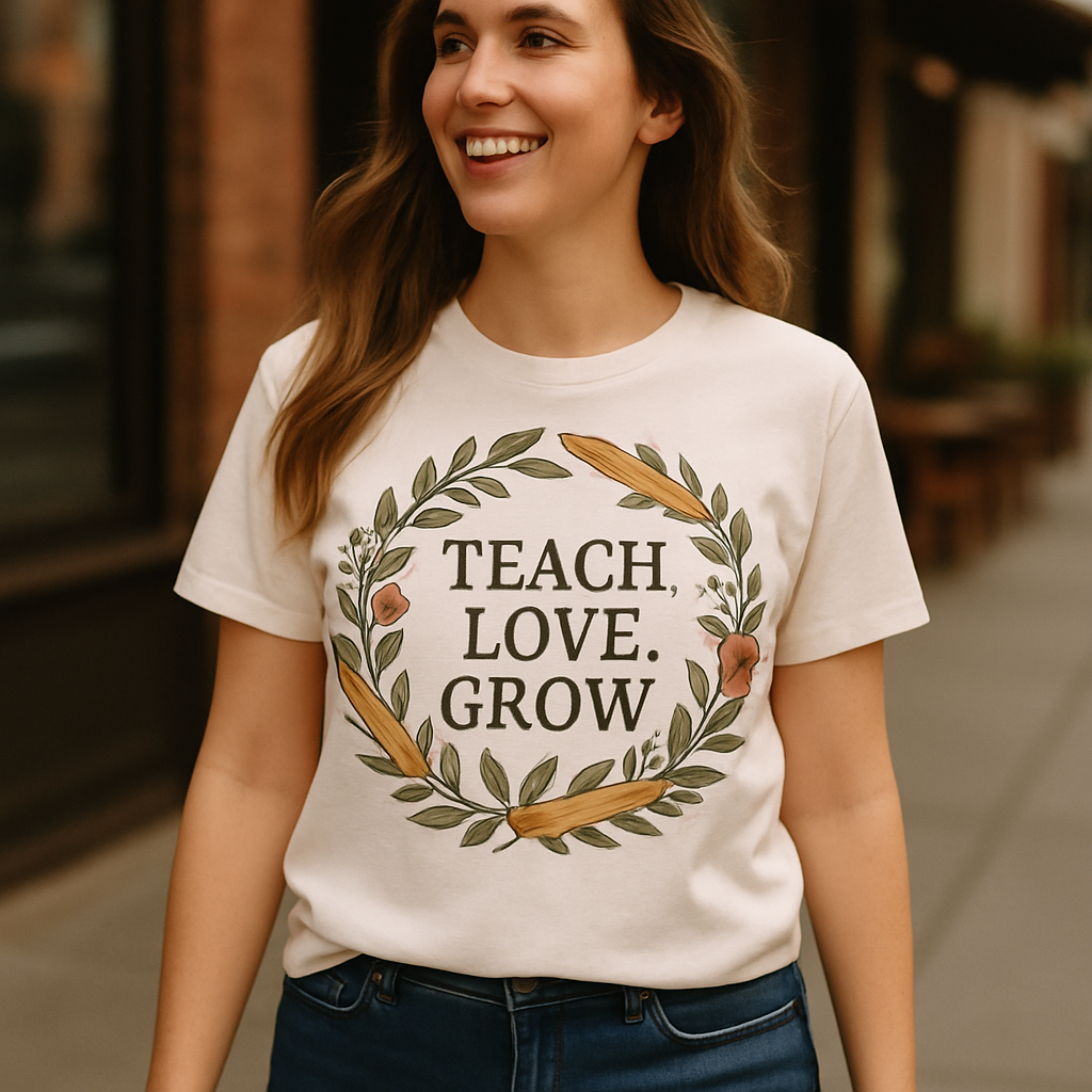 Teach Love Grow Teacher Shirt – Floral Pencil Wreath, Cute Teacher Life T-Shirt, Inspirational Gift for Educators, Back to School Apparel Teacher%20Life%20prompt%204%20lifestyle%20mockup.png