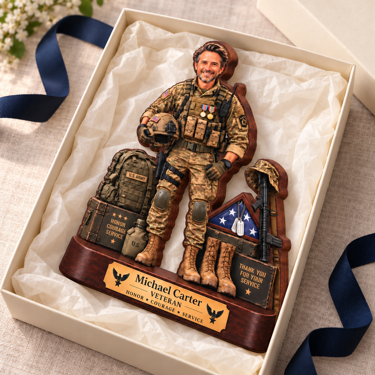 Personalized Veteran Photo Wooden Block, Custom 2D Flat Military Cutout, Veterans Day Gift, Military Keepsake Decor