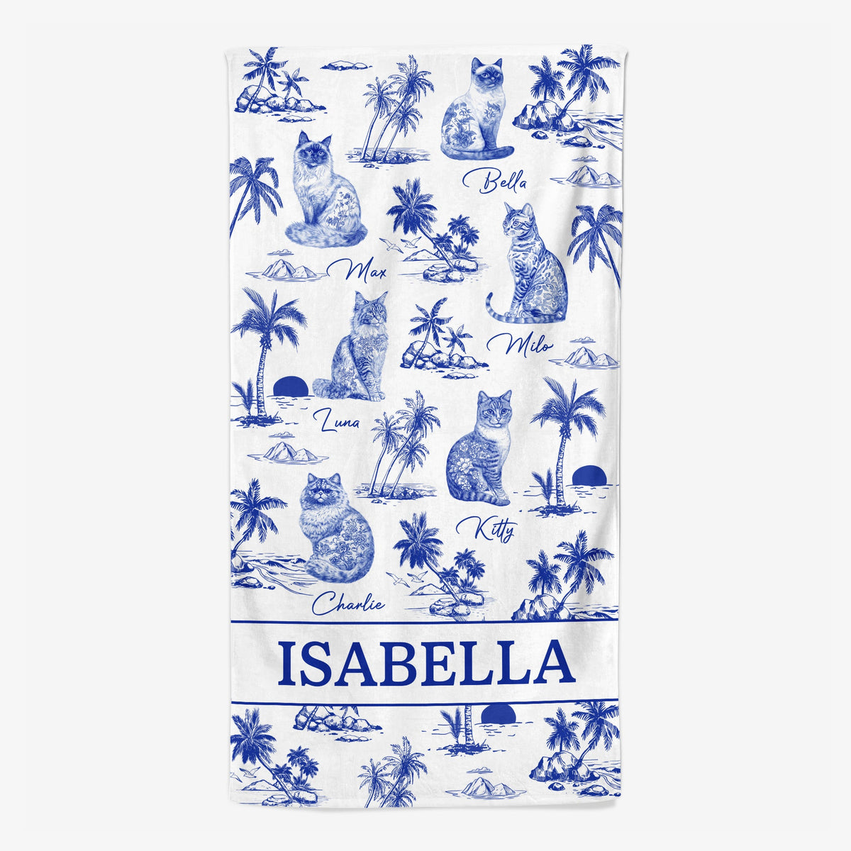 Personalised Cat Floral Toile Beach Towel Gift For Cat Lover, Custom Toile De Jouy Style Custom Cat Breeds, Cat Mom Gift, Birthday Gift Christmas Gift For Cat Mom