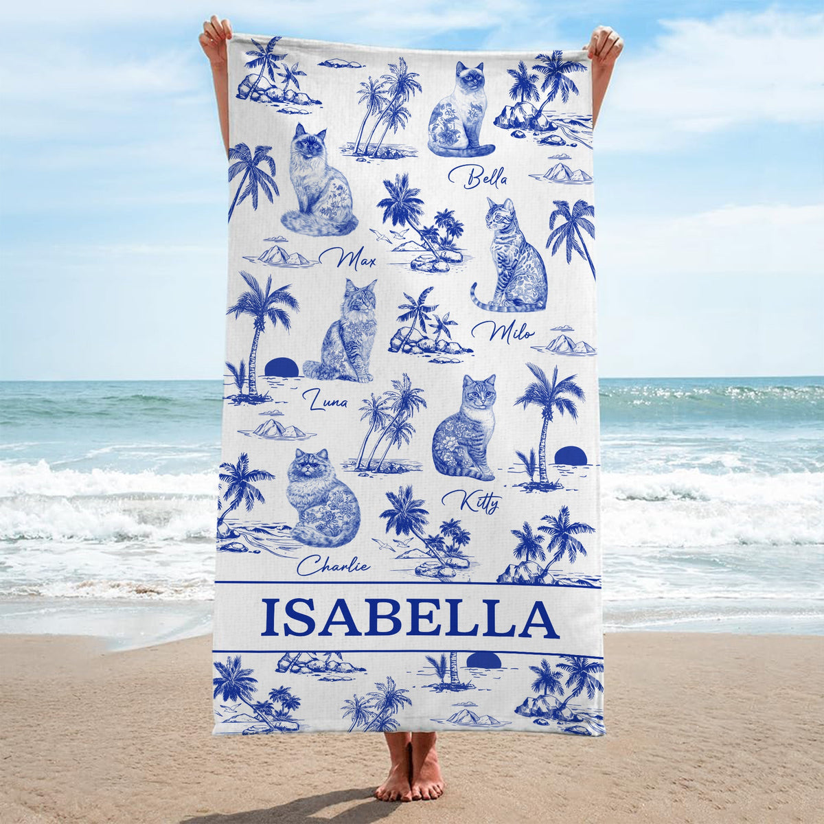 Personalised Cat Floral Toile Beach Towel Gift For Cat Lover, Custom Toile De Jouy Style Custom Cat Breeds, Cat Mom Gift, Birthday Gift Christmas Gift For Cat Mom