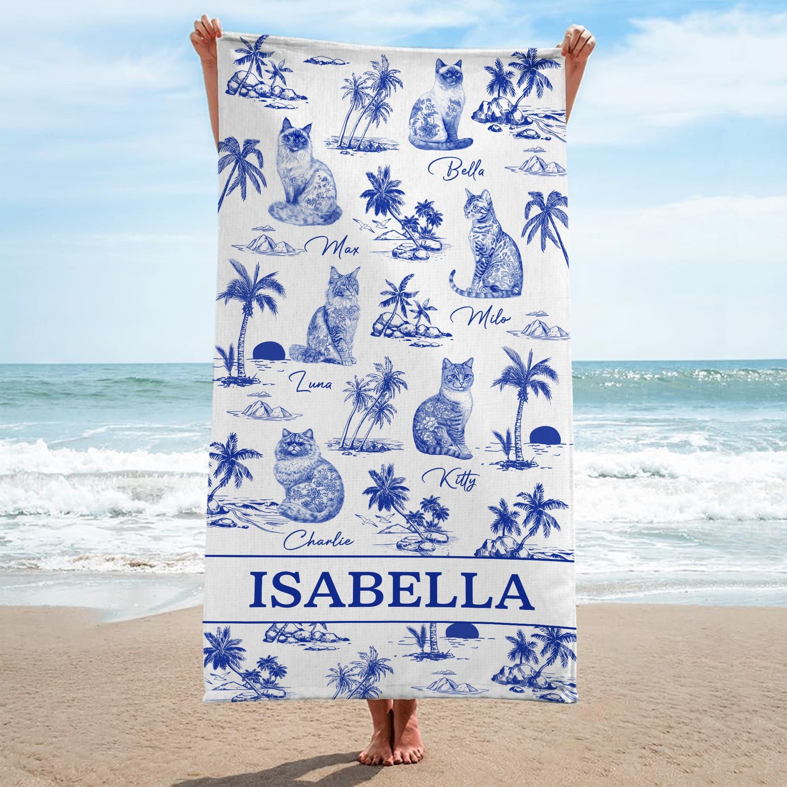 Personalised Cat Floral Toile Beach Towel Gift For Cat Lover, Custom Toile De Jouy Style Custom Cat Breeds, Cat Mom Gift, Birthday Gift Christmas Gift For Cat Mom