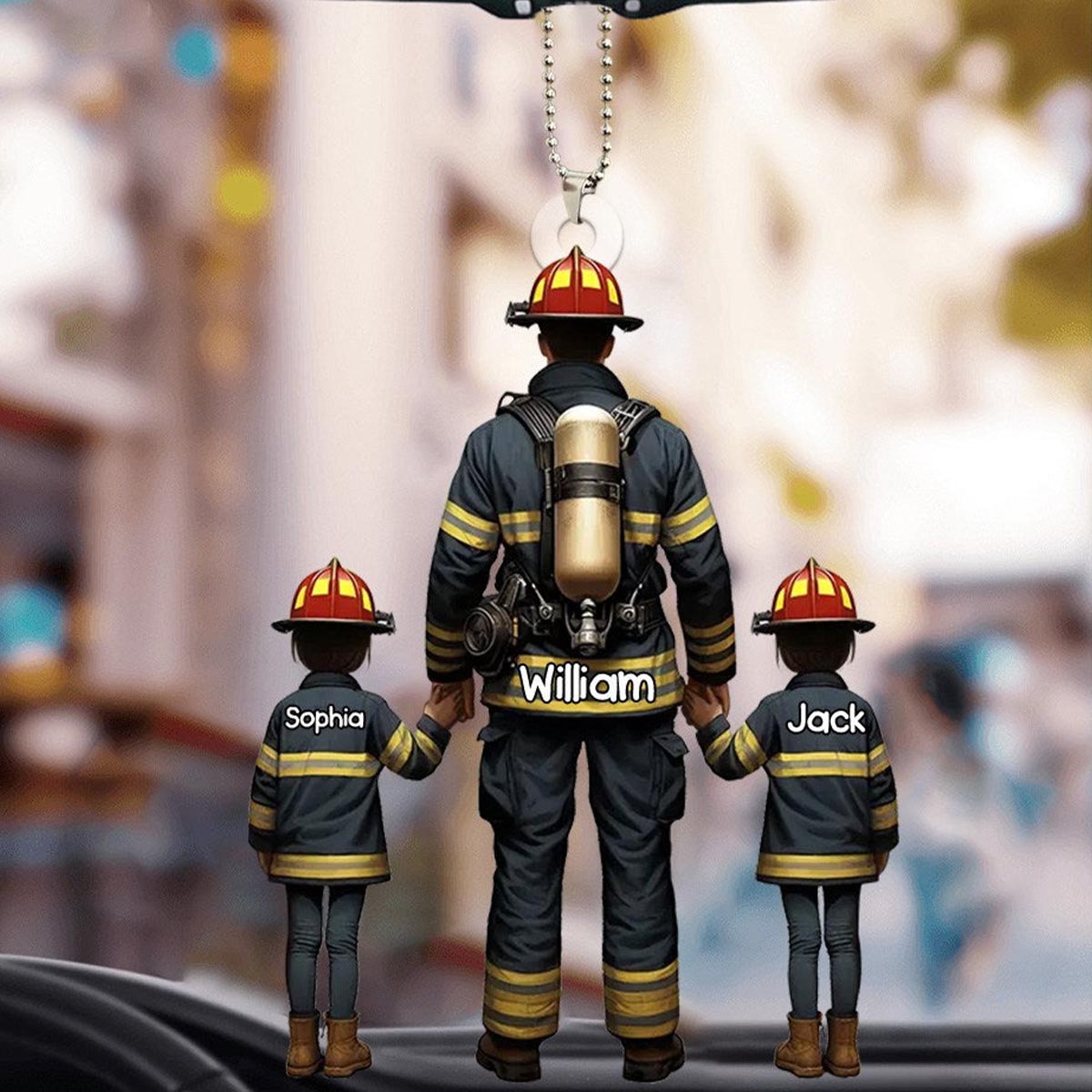 Firefighter Dad And Kids - Personalized Acrylic Car Ornament