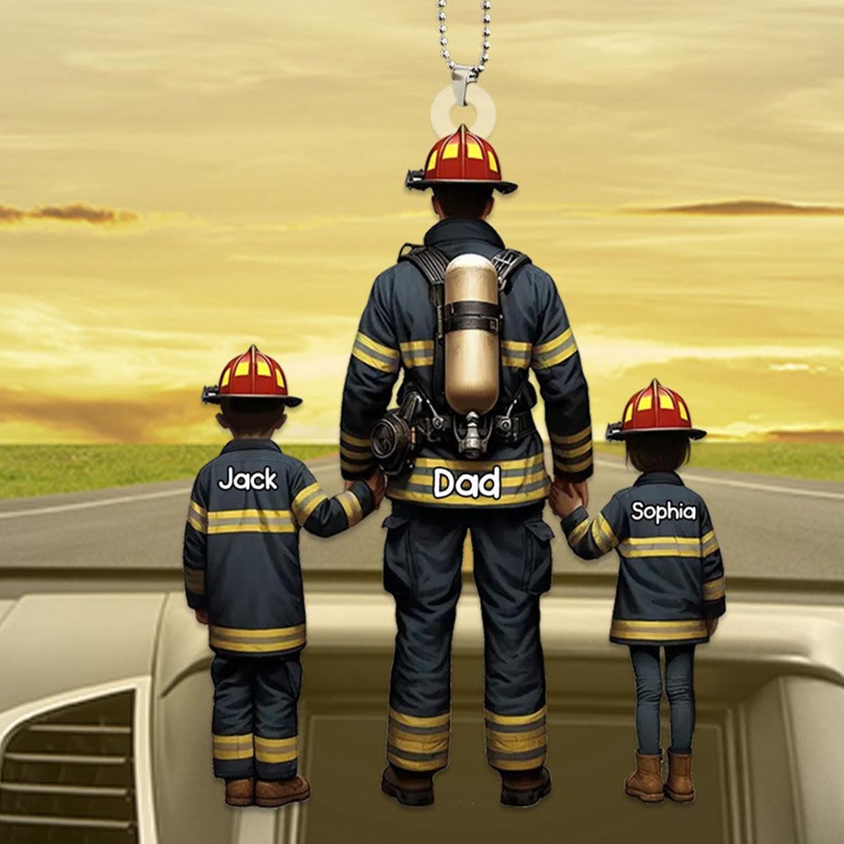 Firefighter Dad And Kids - Personalized Acrylic Car Ornament