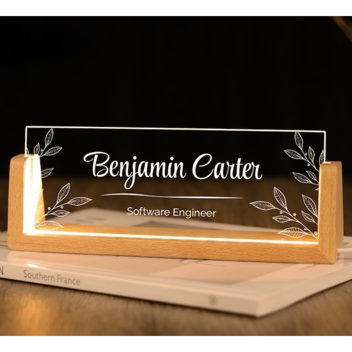 Custom Desk Name Plate with Wooden Base - Lighted Name Sign, Office Desk Accessories, New Job Gift, Thank You Gifts for Coworkers