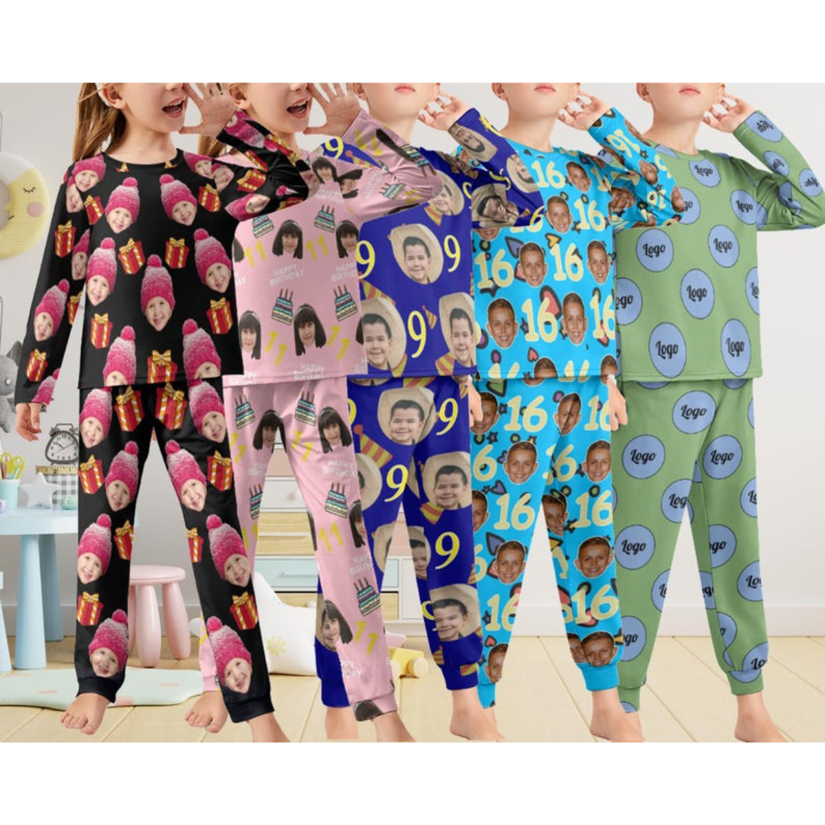 Custom Faces Pajama Set, Personalized Picture Long Sleeves Pajama Top Bottom, Cute Funny Pajamas Pants for Kids Boys Girls, Birthday Gift
