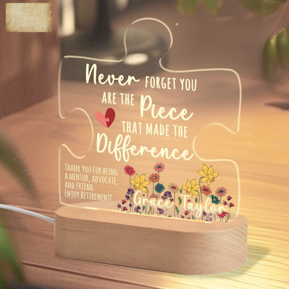 Custom Retirement Gift,Never Forget You Are The Piece That Made The Difference Acrylic LED Night Light,Colleague Boss Coworker Leaving Gifts