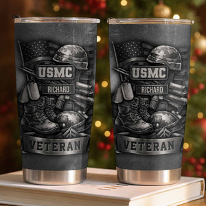 Tribute To Our Veterans With Boots and Helmet, Custom Stainless Steel Tumbler, Gift For Patriotic Friends