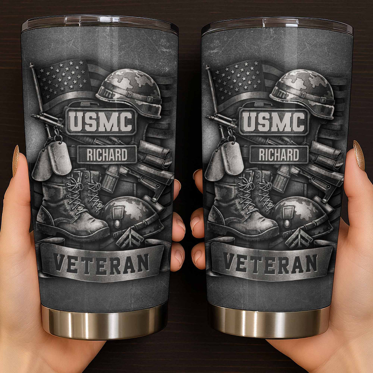 Tribute To Our Veterans With Boots and Helmet, Custom Stainless Steel Tumbler, Gift For Patriotic Friends