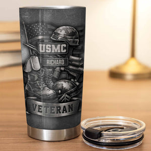 Tribute To Our Veterans With Boots and Helmet, Custom Stainless Steel Tumbler, Gift For Patriotic Friends