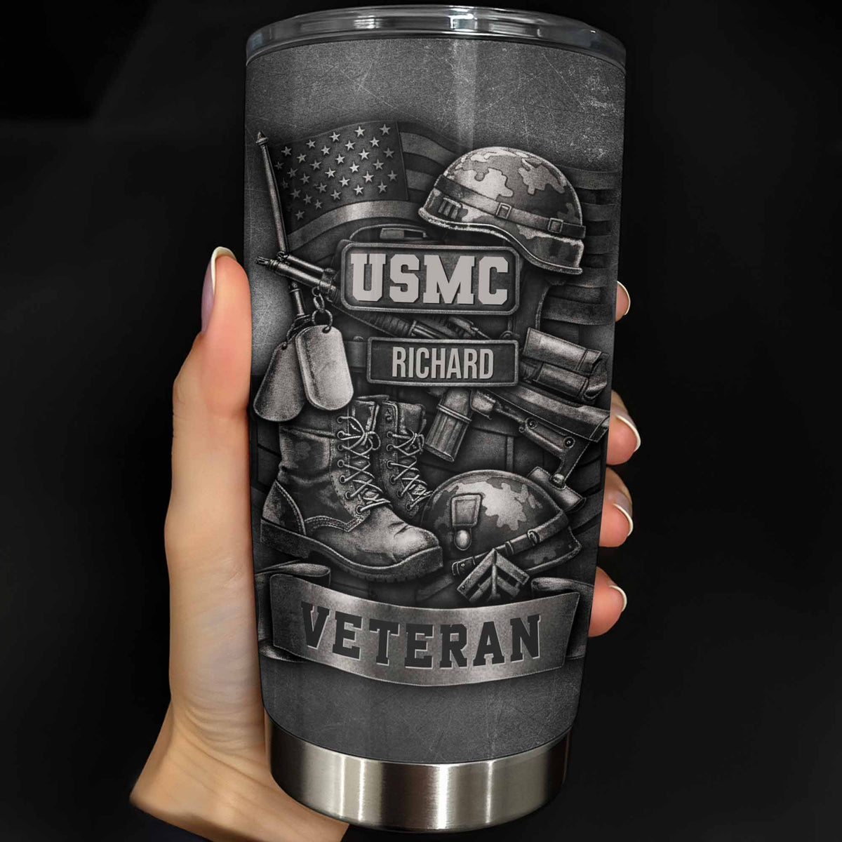 Tribute To Our Veterans With Boots and Helmet, Custom Stainless Steel Tumbler, Gift For Patriotic Friends
