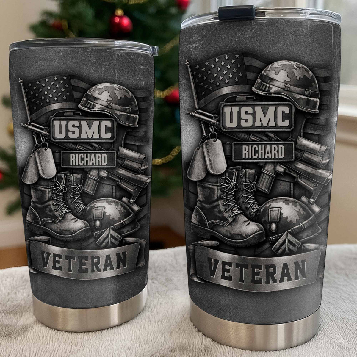 Tribute To Our Veterans With Boots and Helmet, Custom Stainless Steel Tumbler, Gift For Patriotic Friends