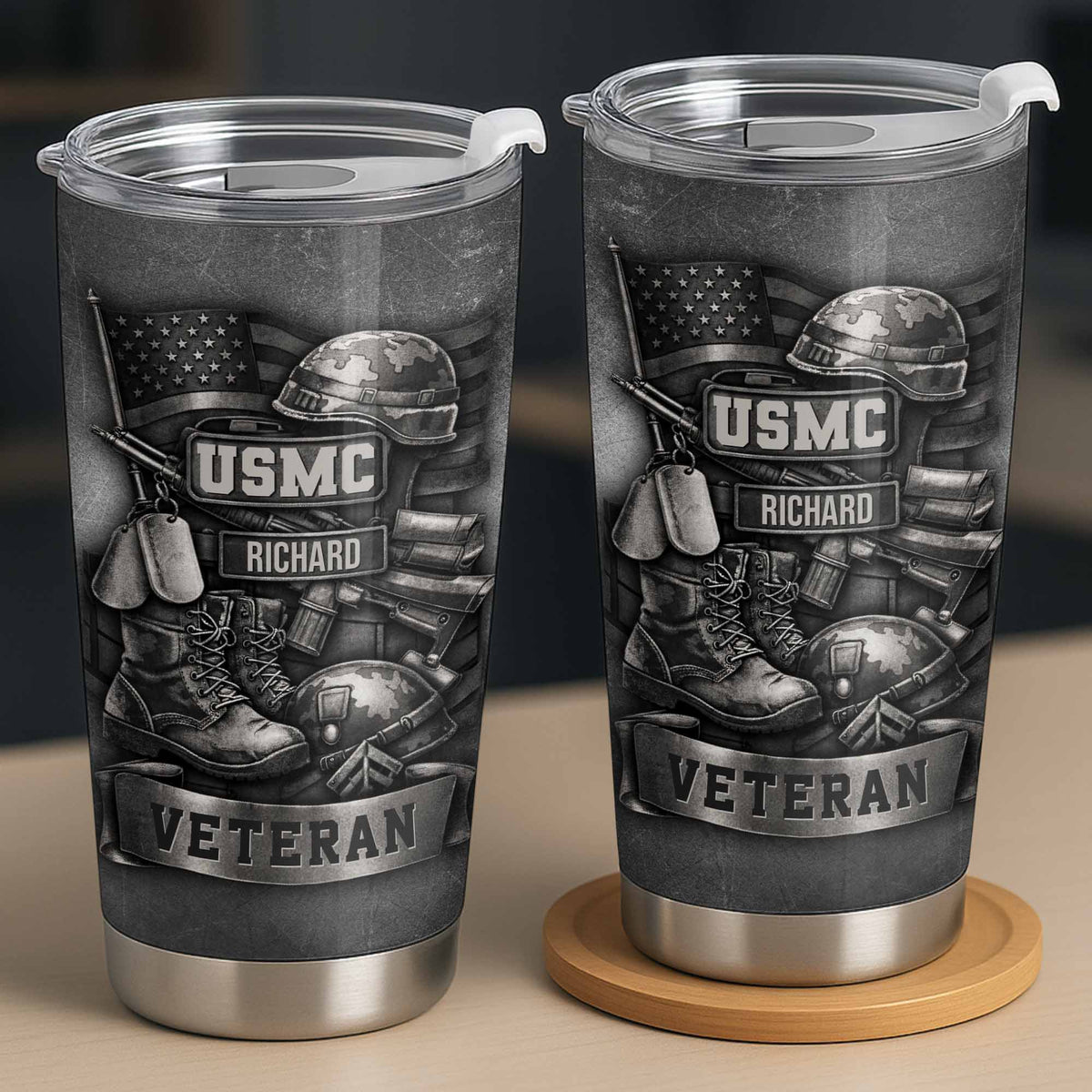 Tribute To Our Veterans With Boots and Helmet, Custom Stainless Steel Tumbler, Gift For Patriotic Friends