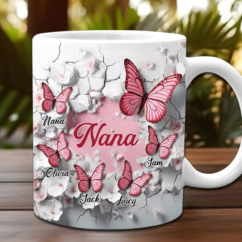 3D Crack In A Wall Pink Butterfly Kids Personalized White Mug Gift For Grandma Mom Mother's day Gift Mama Mug Gift Gift for Auntie
