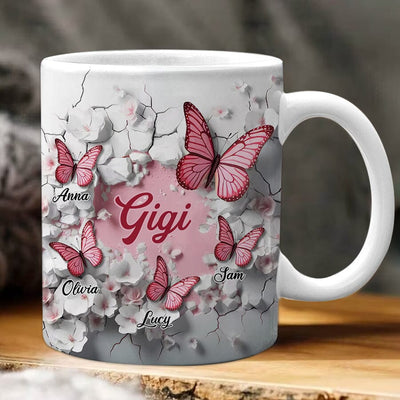 3D Crack In A Wall Pink Butterfly Kids Personalized White Mug Gift For Grandma Mom Mother's day Gift Mama Mug Gift Gift for Auntie