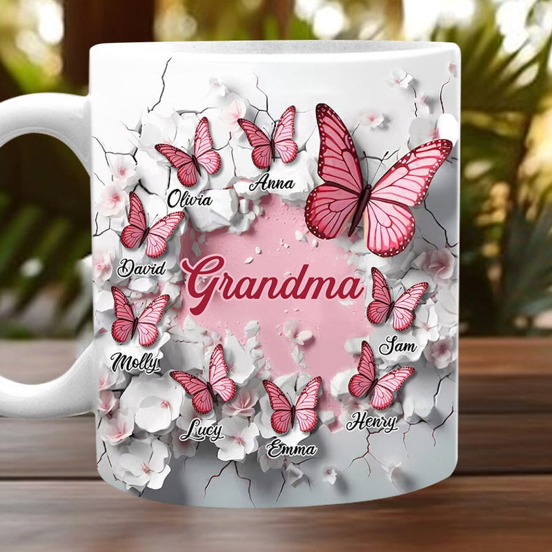 3D Crack In A Wall Pink Butterfly Kids Personalized White Mug Gift For Grandma Mom Mother's day Gift Mama Mug Gift Gift for Auntie