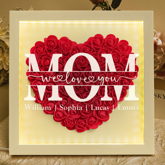 We Love You Mom - Personalized Flower Shadow Box With LED Light Mother's Day Birthday Gifts for Mom Wife from Daughter, Son, Husband and Keepsake Red