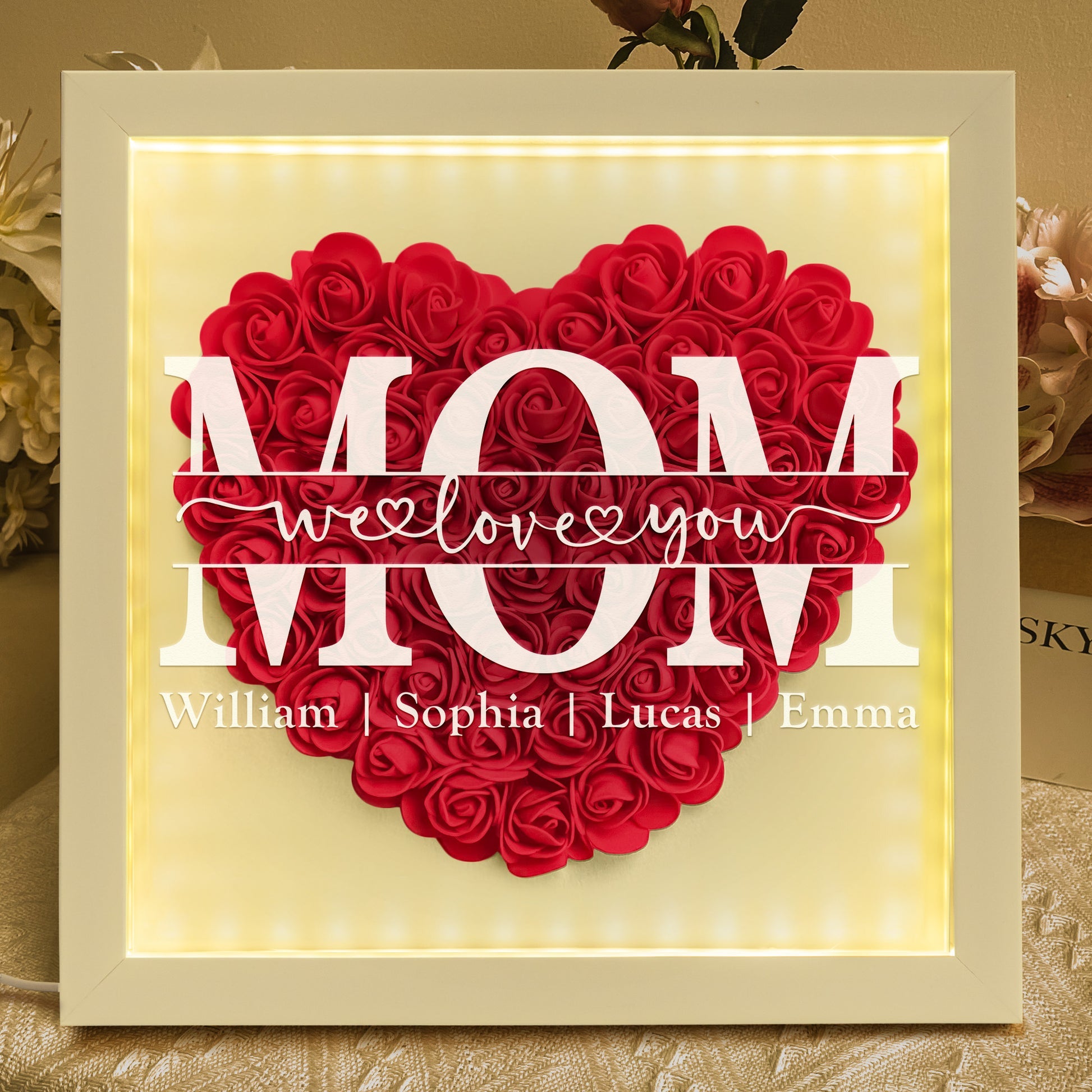 We Love You Mom - Personalized Flower Shadow Box With LED Light Mother's Day Birthday Gifts for Mom Wife from Daughter, Son, Husband and Keepsake Red