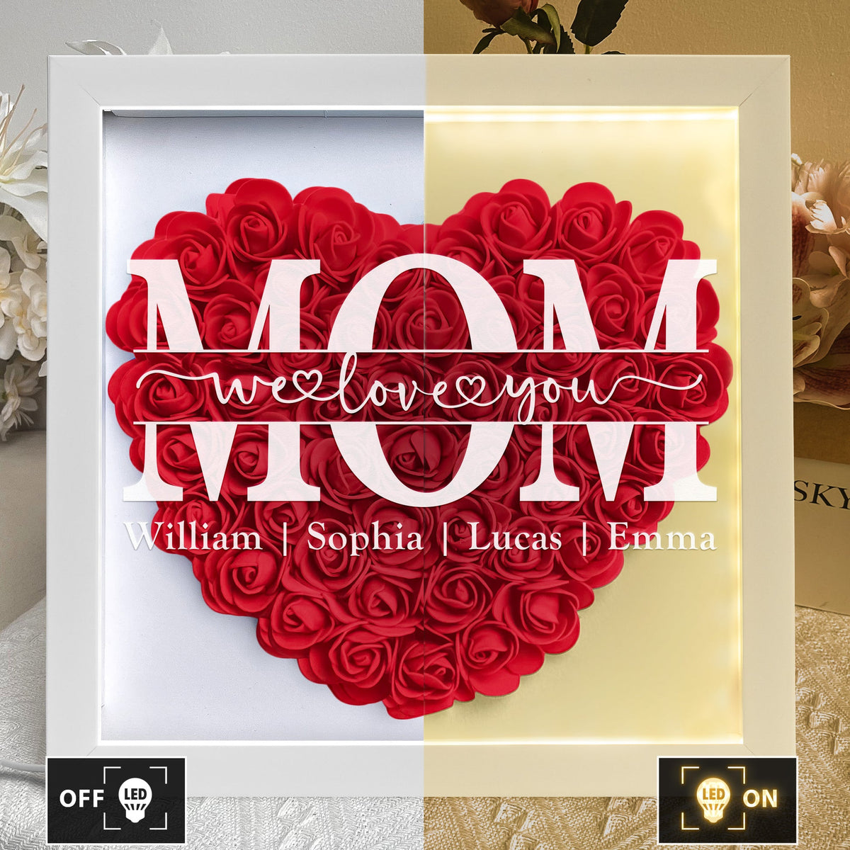 We Love You Mom - Personalized Flower Shadow Box With LED Light Mother's Day Birthday Gifts for Mom Wife from Daughter, Son, Husband and Keepsake Red
