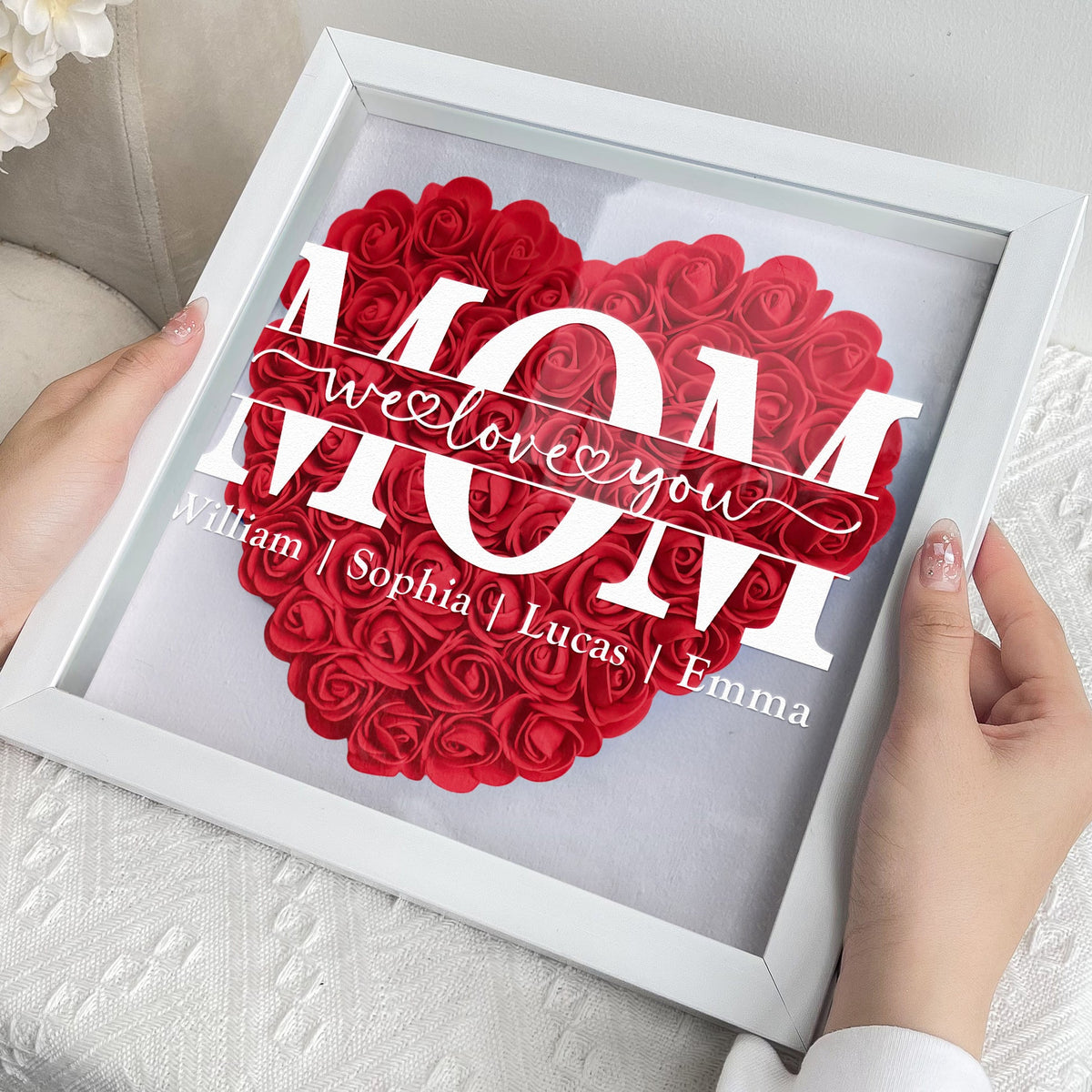 We Love You Mom - Personalized Flower Shadow Box With LED Light Mother's Day Birthday Gifts for Mom Wife from Daughter, Son, Husband and Keepsake Red