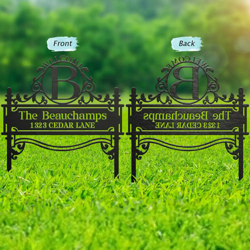 Welcome Family Name Monogram - Personalized Metal Garden Stake Housewarming Gift
