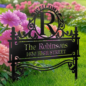 Welcome Family Name Monogram - Personalized Metal Garden Stake Housewarming Gift