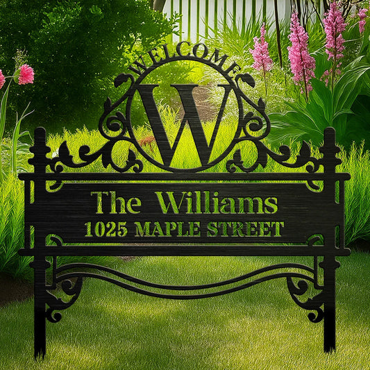 Welcome Family Name Monogram - Personalized Metal Garden Stake Housewarming Gift