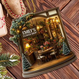 Cozy Christmas Flower Shop Scene, Personalized Custom Wood Ornament, Gift for Family and Flower Lovers