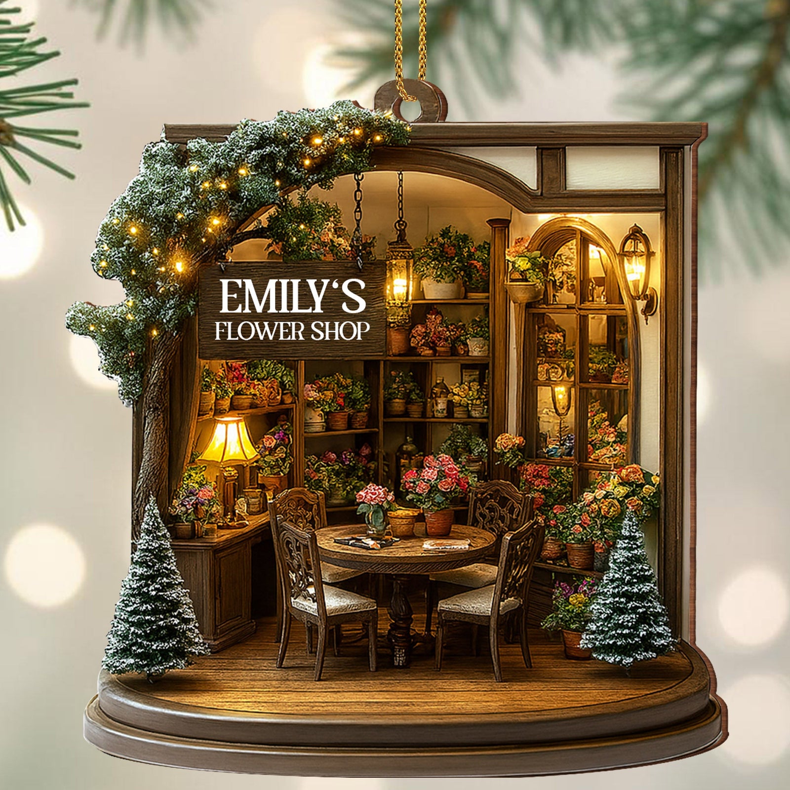 Cozy Christmas Flower Shop Scene, Personalized Custom Wood Ornament, Gift for Family and Flower Lovers