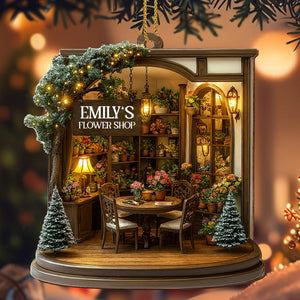 Cozy Christmas Flower Shop Scene, Personalized Custom Wood Ornament, Gift for Family and Flower Lovers