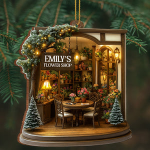 Cozy Christmas Flower Shop Scene, Personalized Custom Wood Ornament, Gift for Family and Flower Lovers