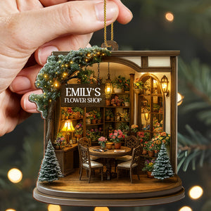 Cozy Christmas Flower Shop Scene, Personalized Custom Wood Ornament, Gift for Family and Flower Lovers