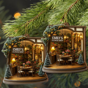 Cozy Christmas Flower Shop Scene, Personalized Custom Wood Ornament, Gift for Family and Flower Lovers